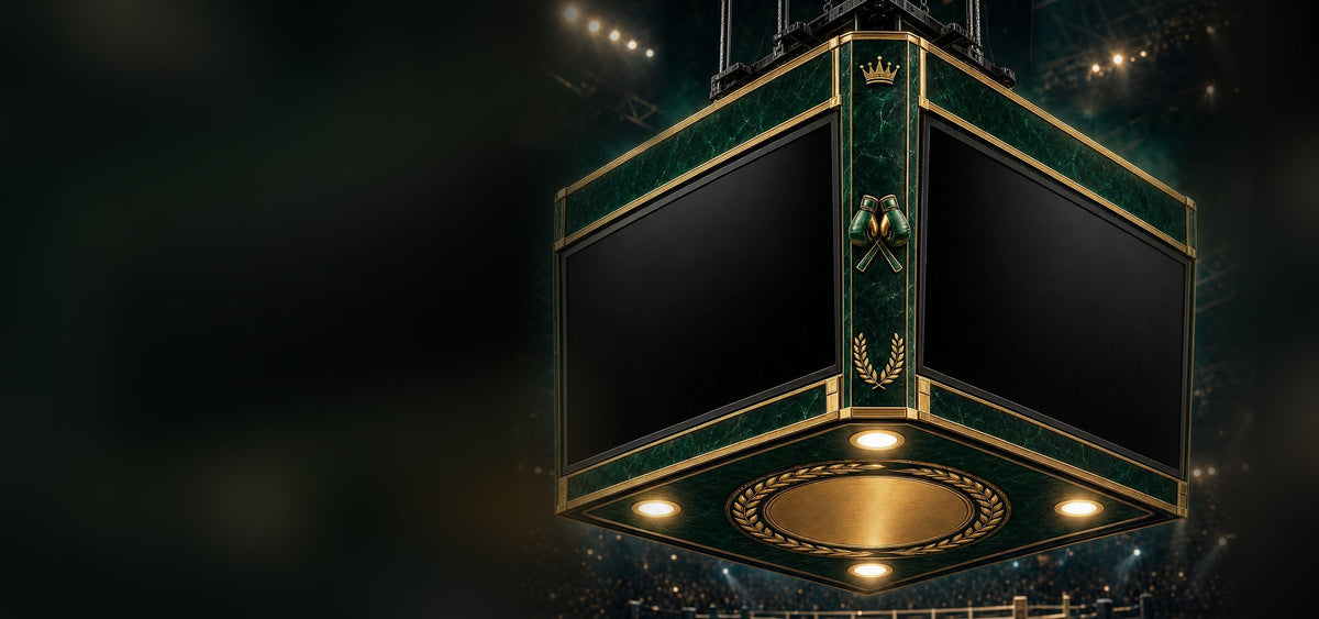 Championship Jumbotron in emerald marble and gold hanging under arena lights